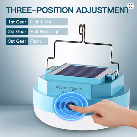 Portable solar-powered LED light. Emergency hanging light.