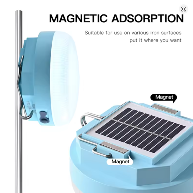 Portable solar-powered LED light. Emergency hanging light.