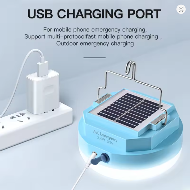Portable solar-powered LED light. Emergency hanging light.