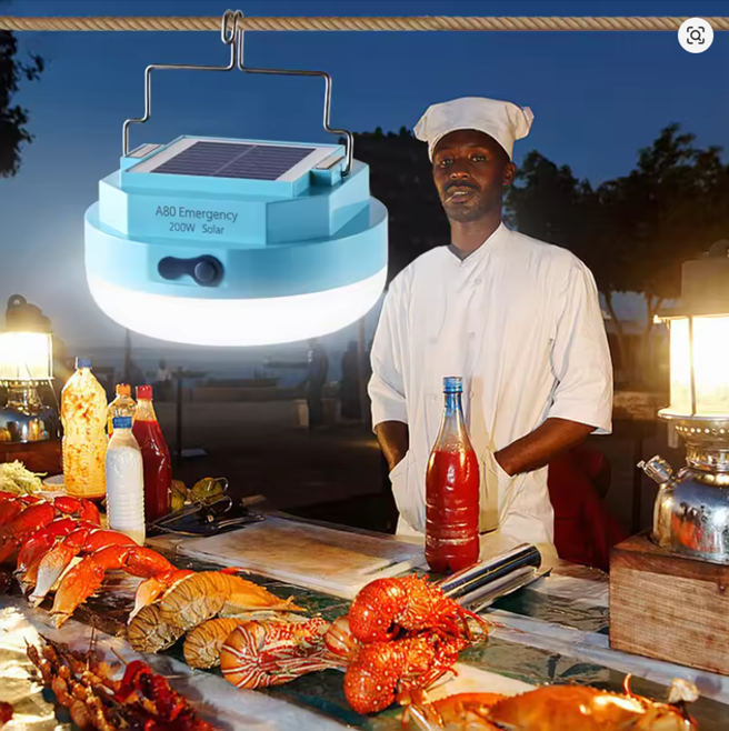 Portable solar-powered LED light. Emergency hanging light.