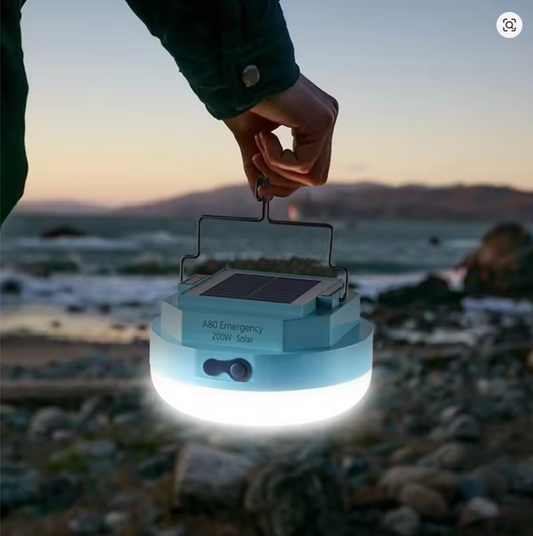 Portable solar-powered LED light. Emergency hanging light.