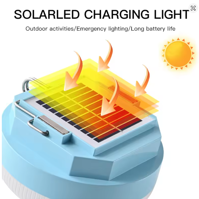 Portable solar-powered LED light. Emergency hanging light.